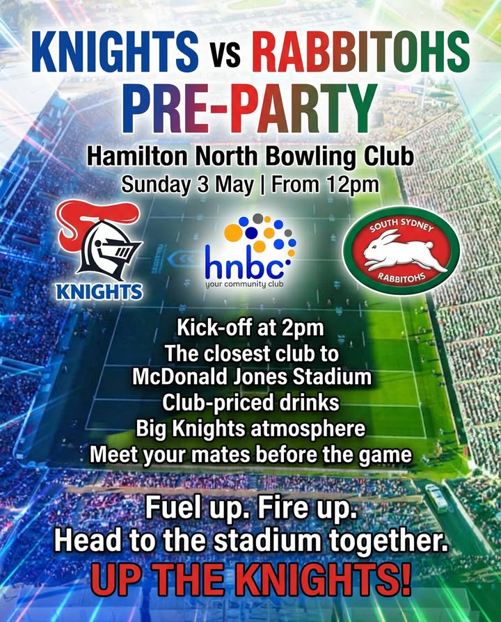 Featured image for “Knights vs Rabbitohs Pre-Party at Hamilton North Bowls”